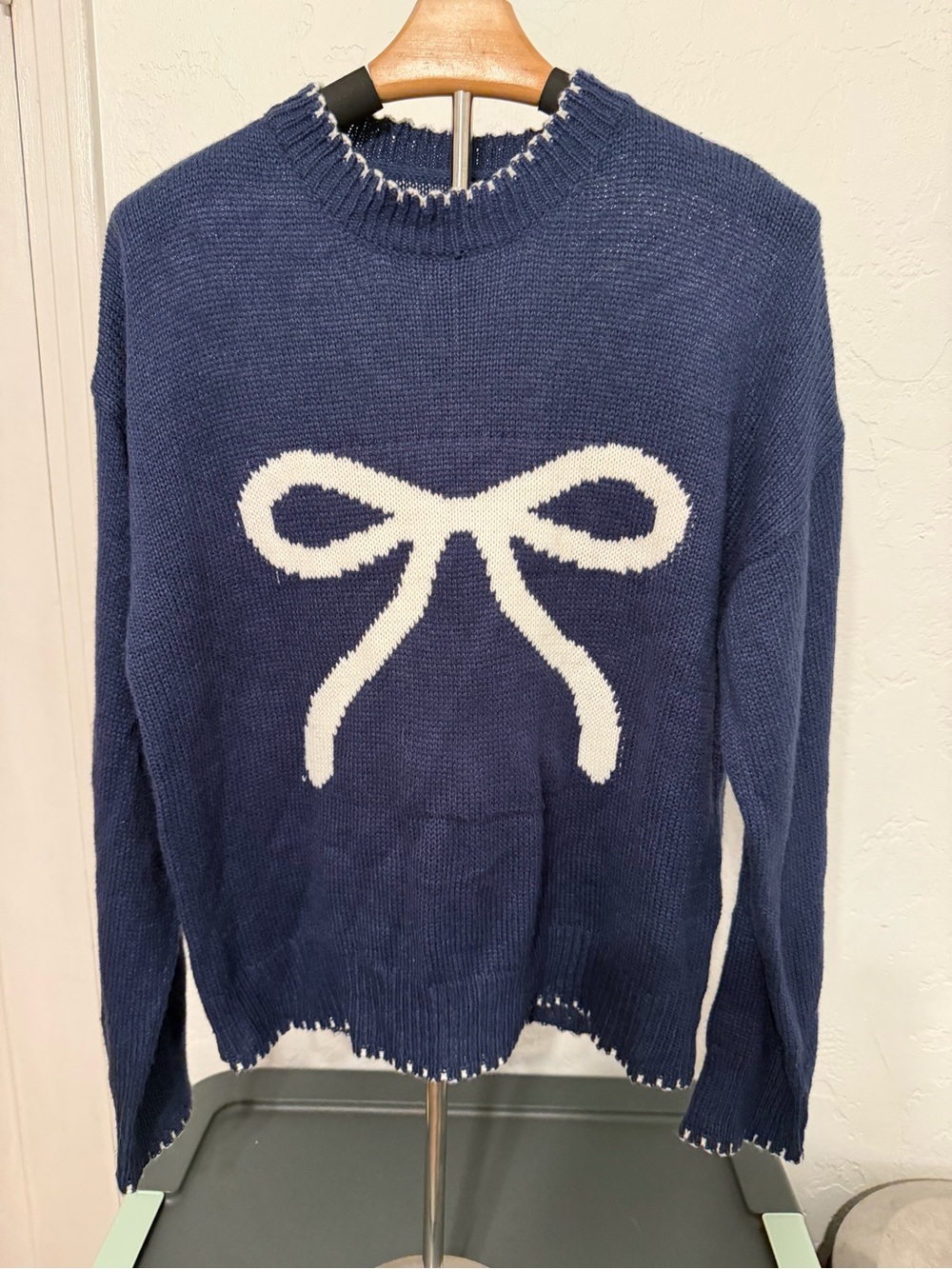 Navy Crewneck Sweater with White Bow Motif